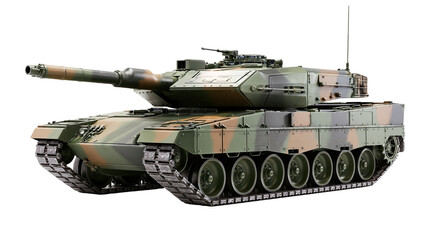 Camouflaged Leopard 2 main battle tank with large turret and heavy metal tracks © Freja