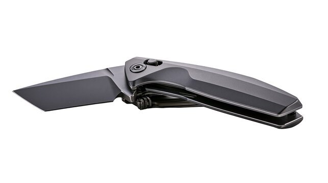 Modern tactical folding pocket knife with black titanium handle and sharp blade