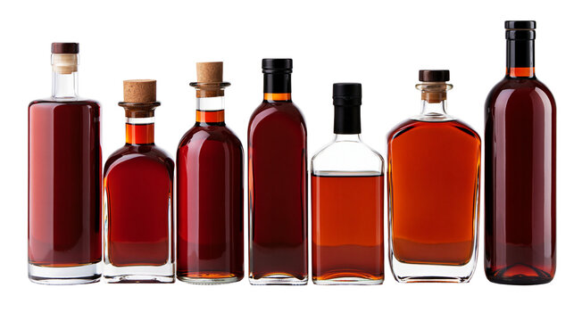 Seven assorted glass bottles filled with dark amber liquid and sealed with corks