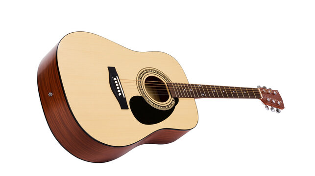 Natural wood acoustic guitar with dark brown sides and black pickguard