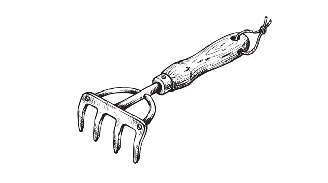 Vintage garden hand rake vector illustration, antique metal cultivator with wooden handle, rustic gardening tool sketch for horticulture