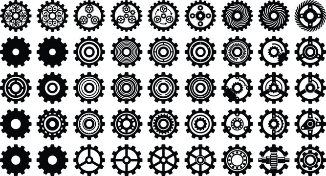 Set of gears, cogs, mechanical wheels, and engineering icons vector illustration
