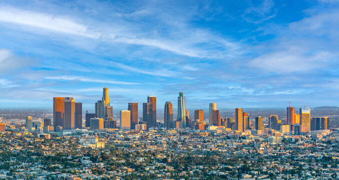 skyline of Los Angeles in smog on a summer day