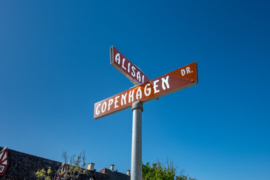 street name sign Copenhagen and Alisai at a crossing in Solvang, USA