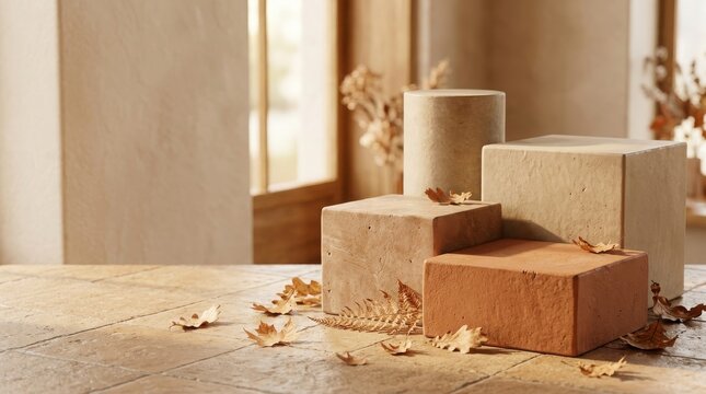 Autumn product display with multiple natural podiums and scattered dry leaves on terracotta tile floor indoor.