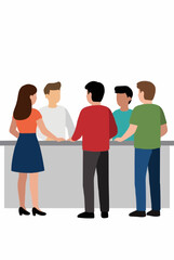 Obraz premium Vector illustration of five diverse people standing together at a cafeteria counter, viewed from behind, chatting and waiting in line for food and drinks in casual colorful clothing