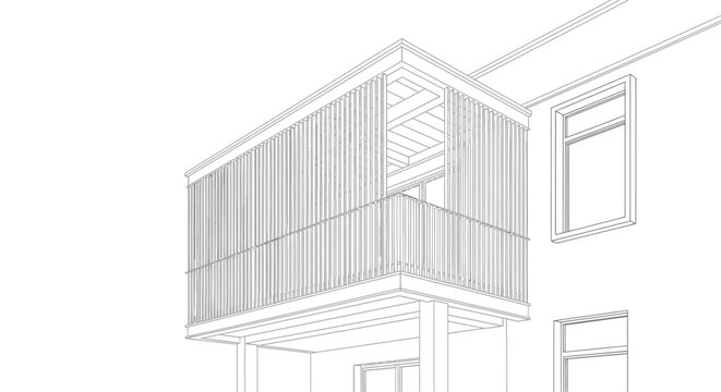 Balcony architectural sketch illustrates a modern residential facade with slatted screening and clean lines.
