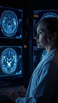 Woman doctor analyzing brain scans on illuminated medical imaging monitors.