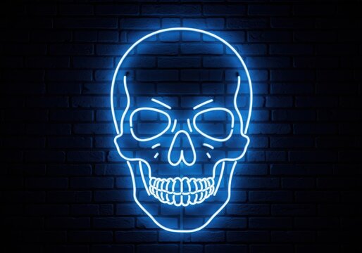 Neon glowing skull with glasses on dark background