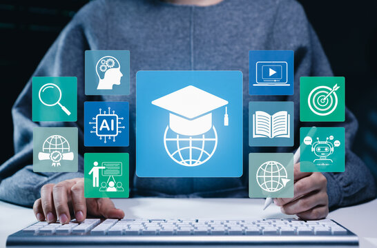 Online Education and E-Learning Technology Concept. Student using computer for online education with learning tools icons, graduation cap, AI, books, global connectivity, study platform, learn virtual