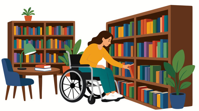 Woman in Wheelchair Browsing Books in Library Reading Room, Inclusive Accessible Education Concept, Bold Flat Vector Illustration - professional high resolution detailed commercial stock imagery