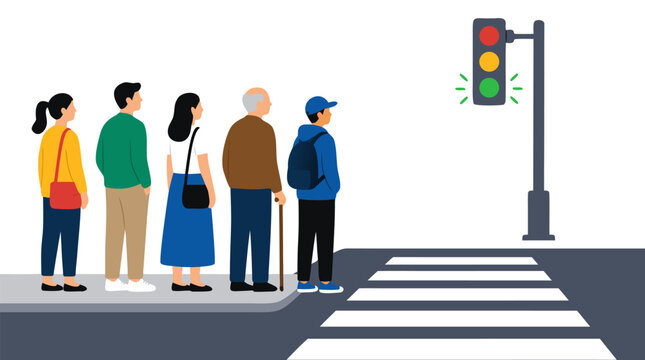 Pedestrians waiting at urban crosswalk with green traffic light glowing above, diverse group of five people standing at zebra crossing, flat vector illustration with bold colors, simple style