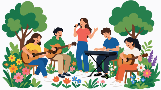 Cheerful young students playing acoustic guitars keyboard and singing together in a sunny garden with green trees and colorful flowers friends music band outdoor vector illustration flat design