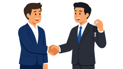 Fototapeta premium Professional car rental agent in blue blazer shaking hands with happy businessman holding car keys, flat vector illustration of successful car rental agreement and customer service, bold bright colors