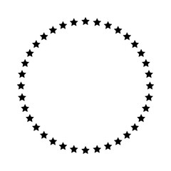 Naklejka premium Stars of various sizes arranged in a circle. Round frame, border. Black star outline, simple symbol. Design element, ornament. Line art. Vector illustration
