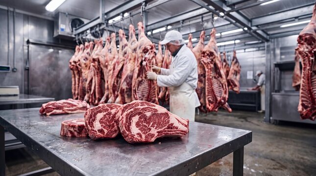 Professional butcher processing beef carcasses in a refrigerated meat processing facility with cuts of beef on a stainless steel table.