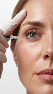 Woman receiving an aesthetic facial injection near the eye from a medical professional.