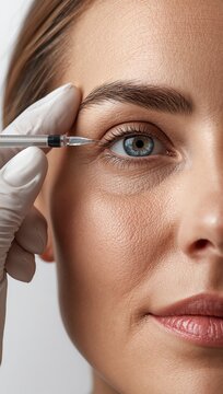 Woman receiving an aesthetic facial injection near the eye from a medical professional.