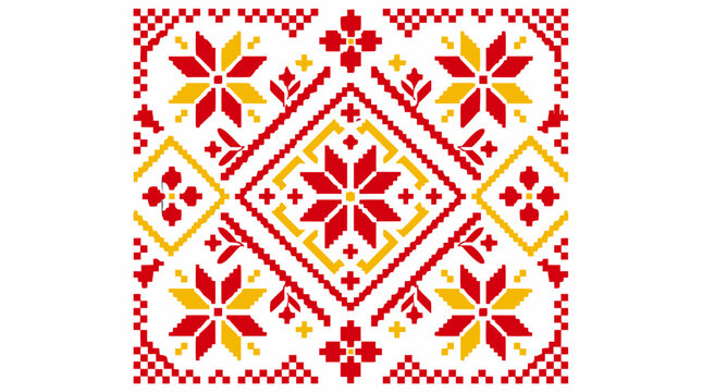 Geometric Folk Embroidery Pattern Square Swatch Diamonds Crosses Floral Motifs Red Yellow Traditional Eastern European Vector Illustration Seamless Textile Design - detailed commercial stock imagery