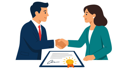Fototapeta premium Two Businesspeople Shaking Hands Over Signed Contract with Glowing Gold Seal, Corporate Deal Agreement Partnership, Bold Flat Vector Illustration on Clean White Background