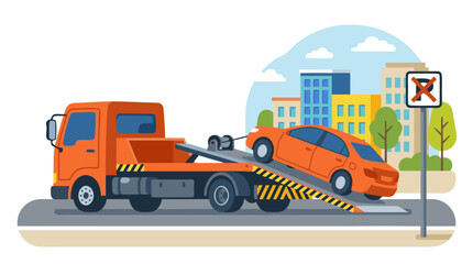 Naklejka premium Orange flatbed tow truck hauling away improperly parked sedan from no parking zone with red X sign on busy city street with colorful buildings and trees, flat vector illustration design