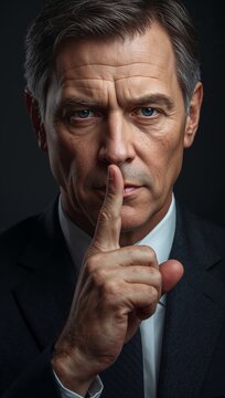 Man in a suit making a silence gesture with his finger against his lips.