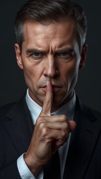 Man in a suit making a silence gesture with his finger against his lips.