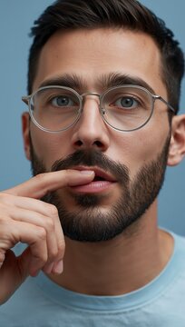 Man wearing glasses making a thoughtful gesture while touching his lips.