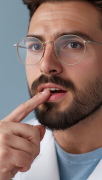 Man wearing glasses making a thoughtful gesture while touching his lips.