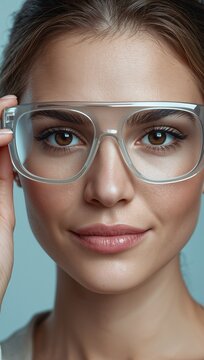 Young woman wearing transparent protective laboratory glasses against a clean blue background.