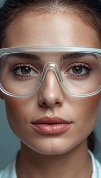 Woman wearing protective safety glasses in a professional laboratory setting.