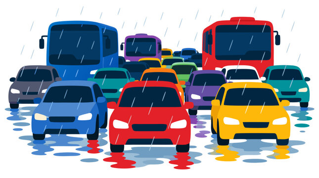 Cars and Buses in Heavy Traffic Jam Packed Bumper to Bumper on Wet City Street During Rainstorm with Raindrops, Bold Flat Colors Vector Illustration, Urban Commute Transportation Concept