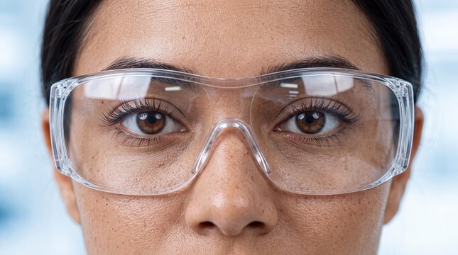 Woman wearing protective safety glasses in a professional laboratory setting.