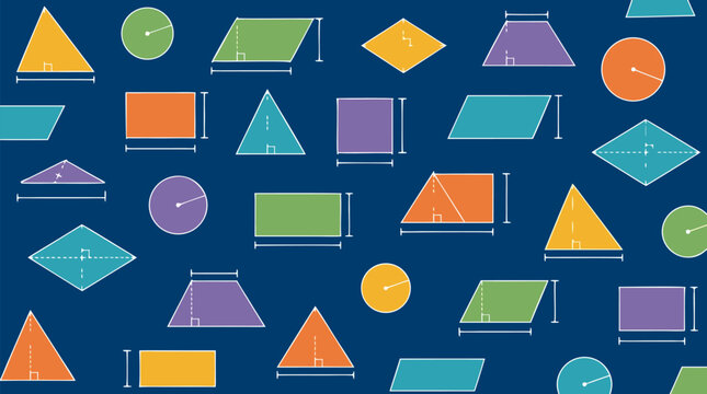 Scattered Geometric Shapes and Area Diagrams on Deep Blue Chalkboard Background - Seamless Pattern of Triangles Rectangles Circles and Trapezoids with Measurement Lines detailed commercial stock