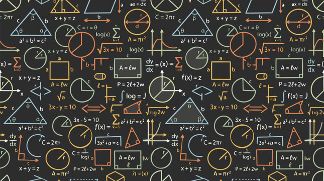 Seamless Repeating Pattern of Mathematical Formulas Geometric Shapes Triangles Circles Equations on Dark Chalkboard Surface Vector Illustration Educational Background Texture