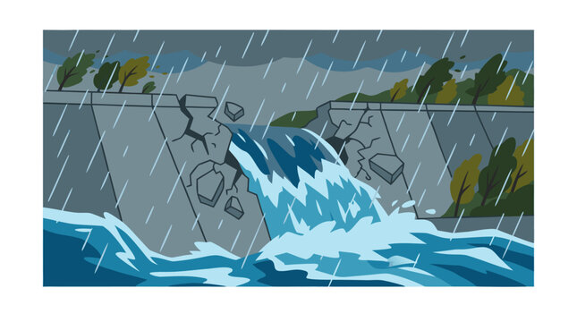 Broken Dam Wall During Severe Monsoon Flood Water Overflowing Through Cracked Concrete Barrier Vector Illustration Flat Colors - professional high resolution commercial detailed commercial stock