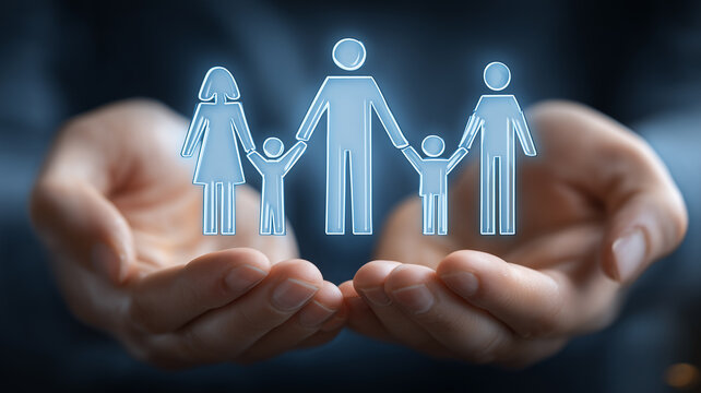 Hands holding a family symbol represent family protection insurance planning social support and financial security for loved ones.
