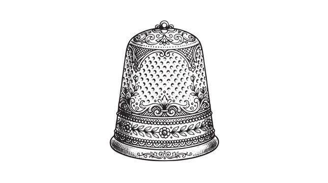 Vintage thimble vector illustration, antique sewing tool with ornate floral engraving, classic metal finger protector for tailoring