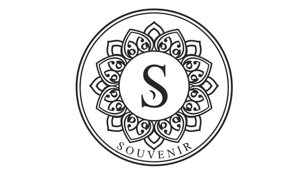 Elegant circular souvenir logo with monogram letter S surrounded by a floral mandala pattern on white background.