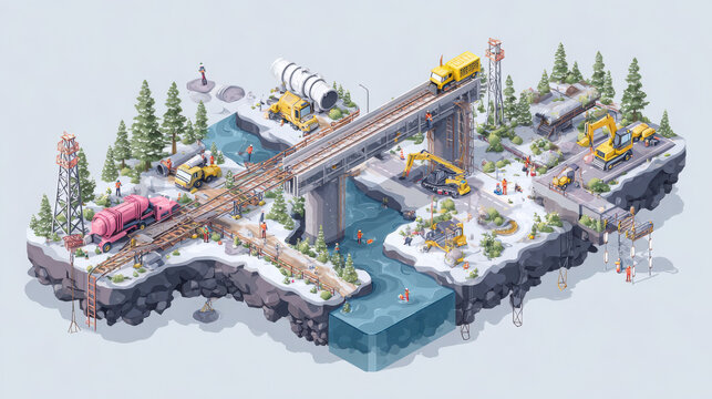Infrastructure bridge construction over a river setting with excavators, trucks, and snowy terrain.