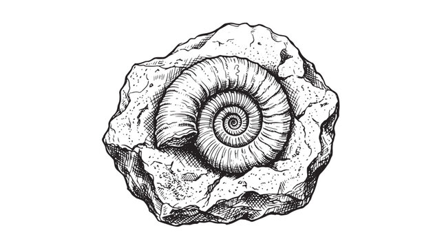 Vintage ammonite fossil illustration, prehistoric sea shell in stone, hand drawn nautilus spiral engraving vector