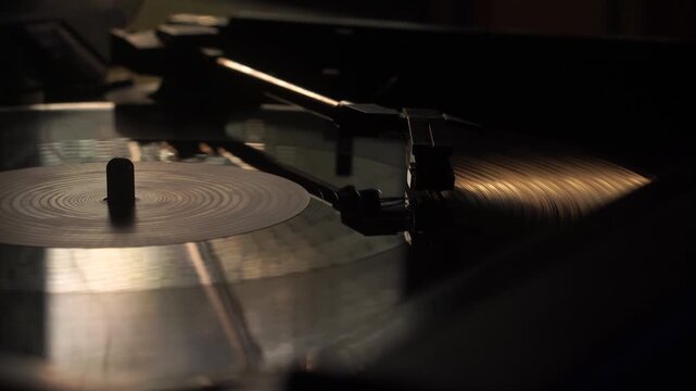 Automatic Stop of Playback, Vintage Vinyl Record in Natural Light, Close Up