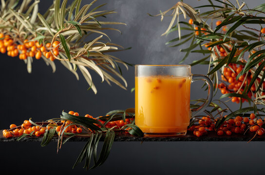Glass mug of sea buckthorn tea and fresh berries on a branches.