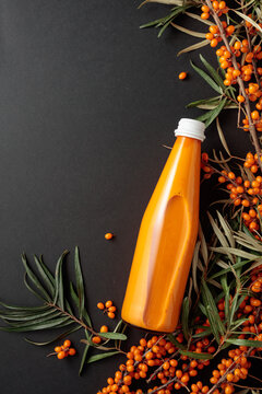 Bottle of sea buckthorn juice with fresh berries on a branches.