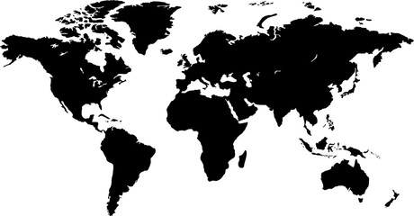 Black silhouette of a world map showing all continents and major islands on a clean © Farzana