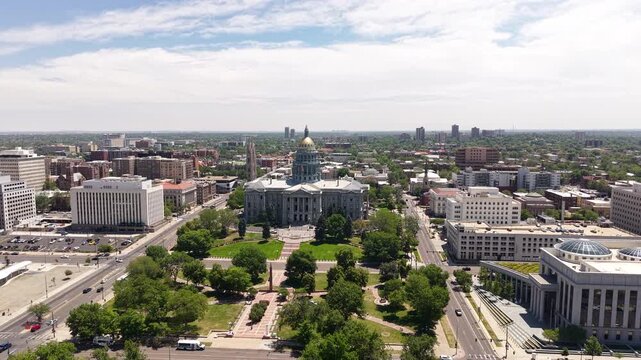 Denver USA, Drone Shot of Colorado Capitol Building, Civic Center Park, Supreme Court on Sunny Summer Day