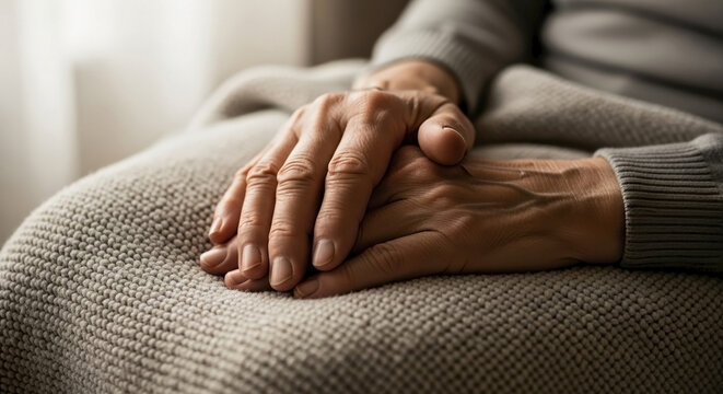 Senior hands resting on soft knitted blanket indoors. Gentle senior hands resting show wrinkled skin and veins in calm ambient lighting. Peaceful senior hands resting concept conveys comfort and care.