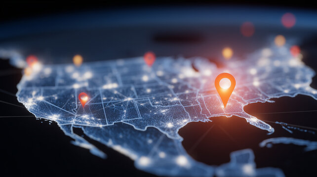 A United States map with location pins represents geolocation tracking route planning logistics and nationwide network connectivity.
