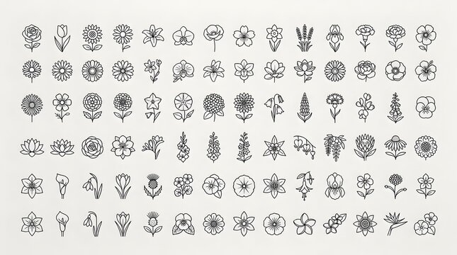 72 Minimalist Flower Line Icons Mega Set, Black and White Floral Outline Symbols for Web and Branding Design