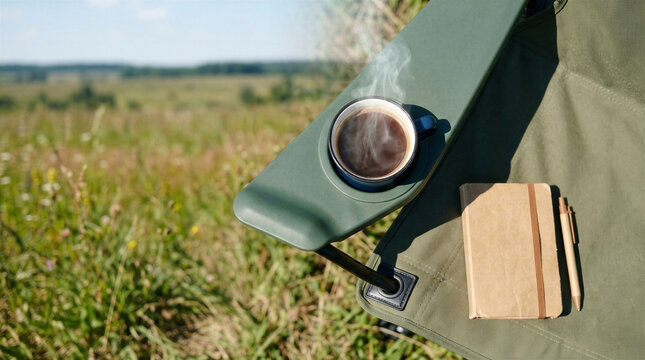 Hot cup of tea on a camping chair in a lush green outdoor setting  